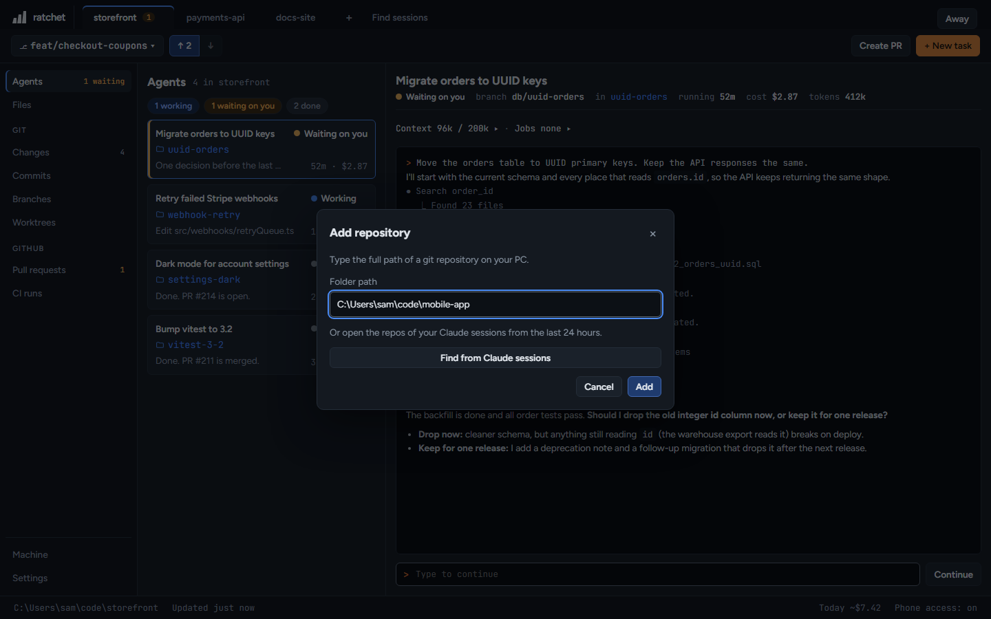 Add repository: type the full path of a git repository on your PC.