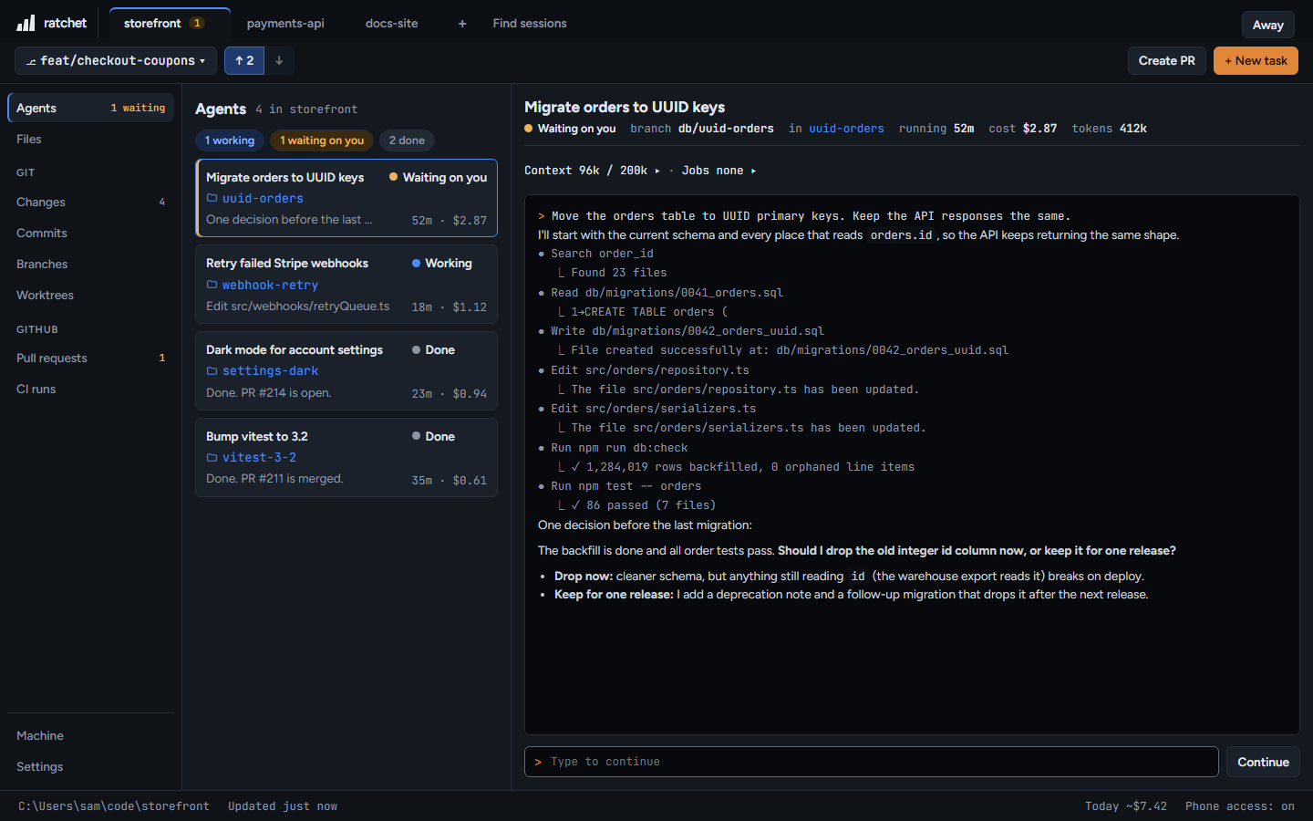 Agents: the list on the left, the selected agent's conversation on the right. This one is waiting on your answer.