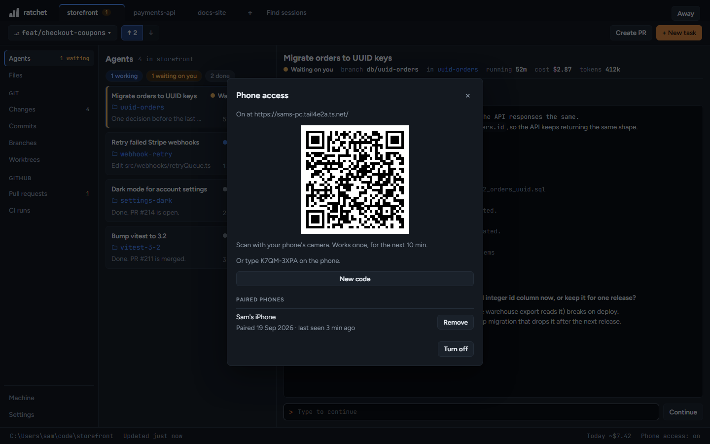 Phone access on: the address, the pairing QR code and your paired phones.