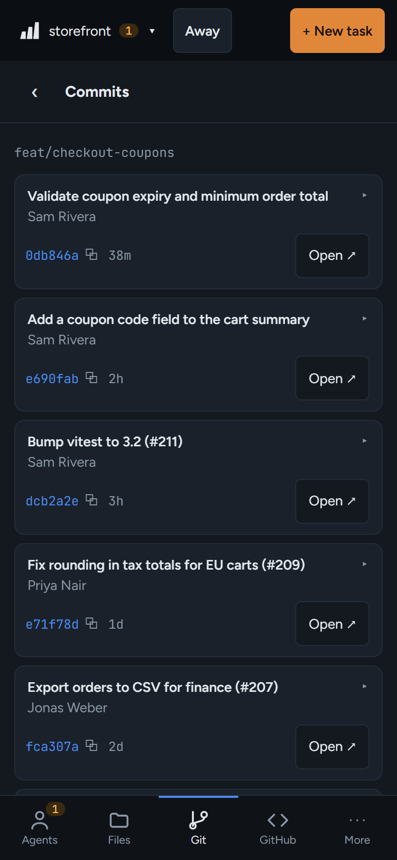 Commits: recent history with authors and times.