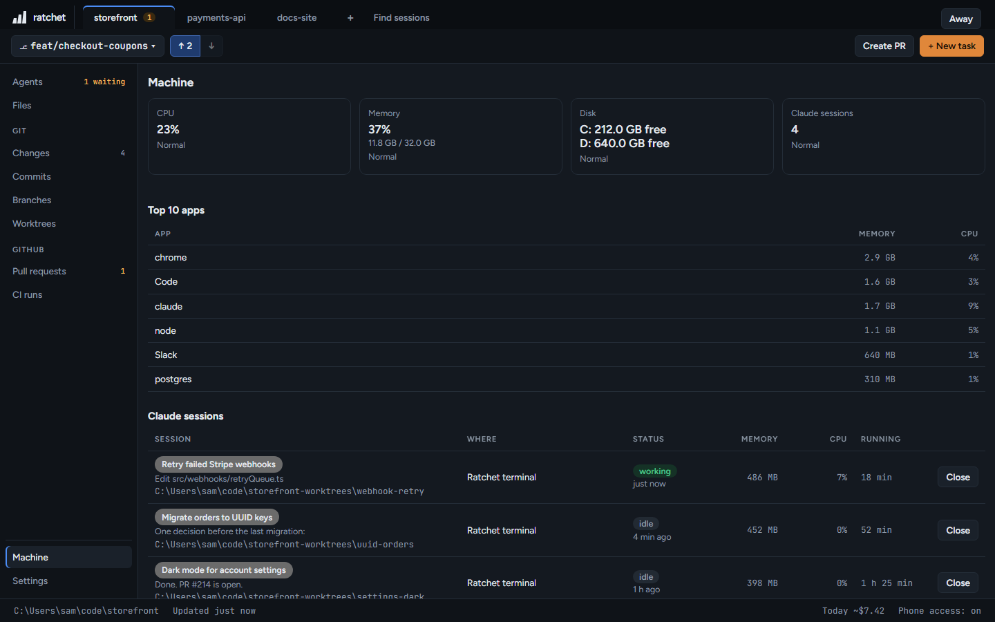 Machine: CPU, memory, disk and Claude sessions, with the last 24 hours.