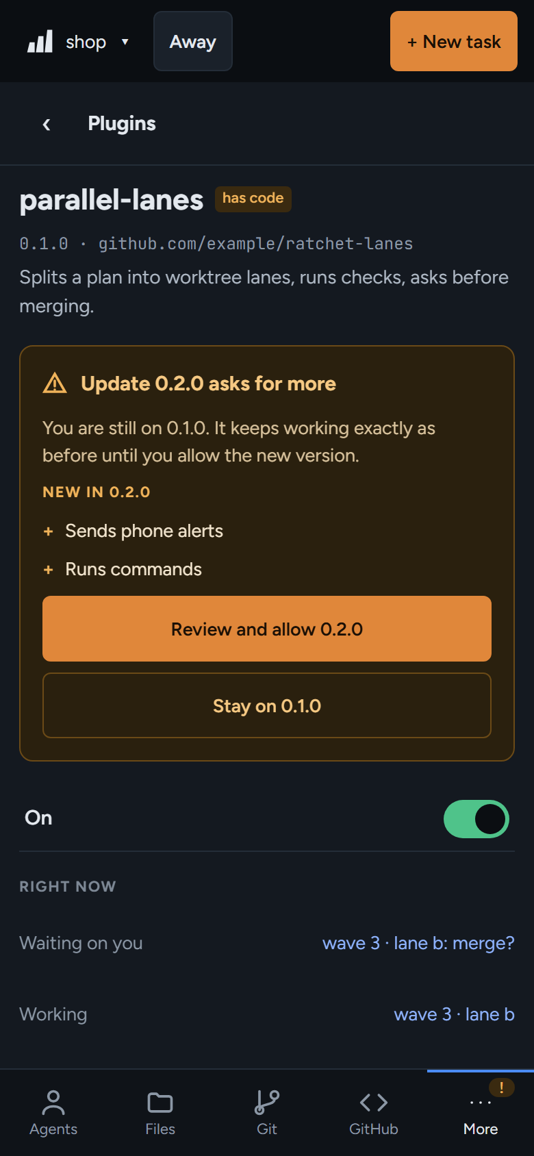 The update card: what's new in 0.2.0, what's already allowed, and the two choices.