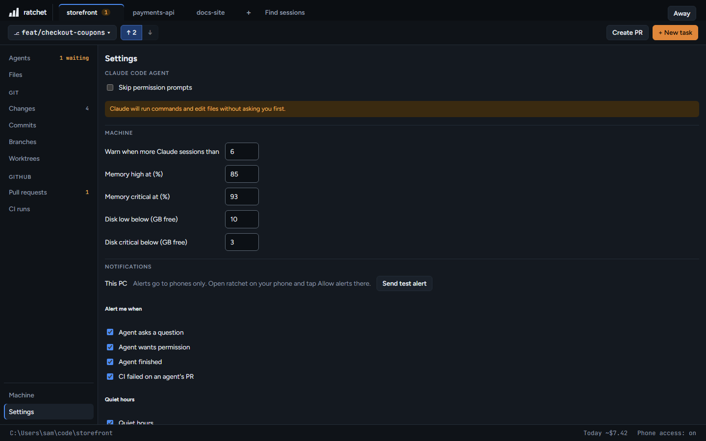 Settings on the phone: Allow alerts, what to be alerted about and quiet hours.