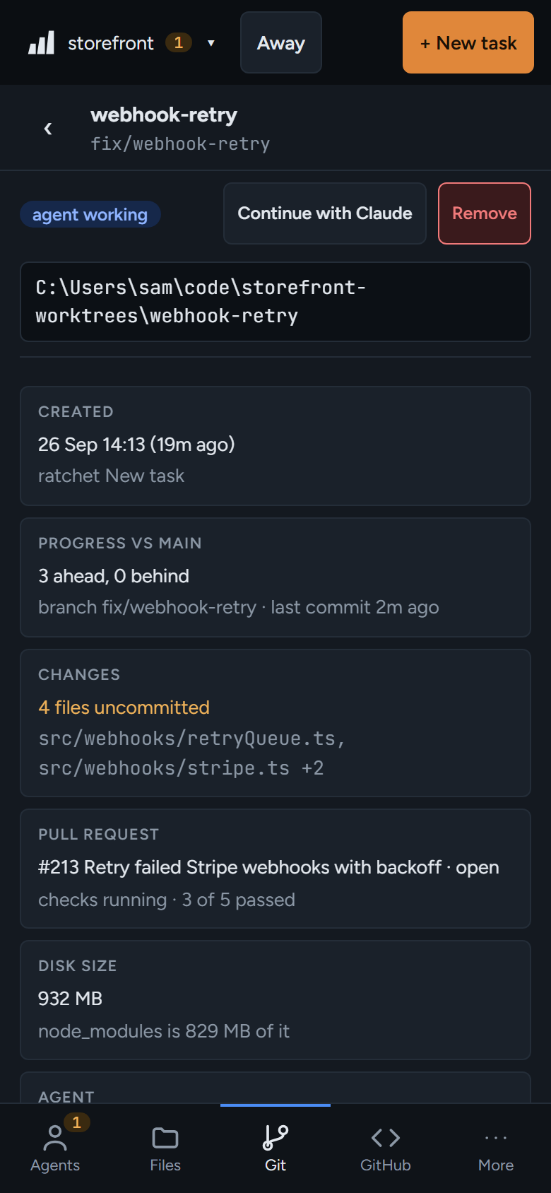 Worktrees: the agent in each folder, its progress, PR and disk size.